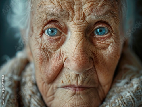 A close-up shot of an elderly woman's face with striking blue eyes