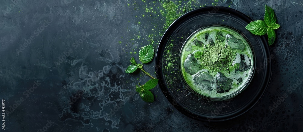 Composition featuring green matcha powder and a drink on a black table with room for text in the image. Creative banner. Copyspace image Composition featuring green matcha powder and a drink on a black table with room for text in the image. Creative banner. Copyspace image