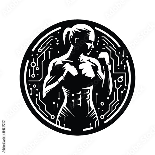 mma, mix martial art  female player in cyberpunk pattern illustration, emblem shield badge
