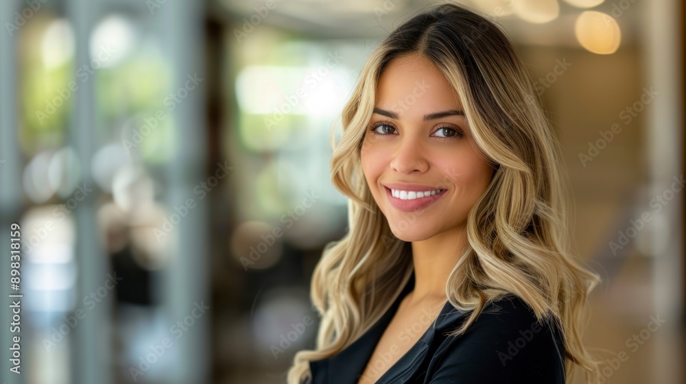 A smiling woman with long blonde hair wearing a black outfit in a modern office setting. The background is blurred, emphasizing her face. Concept of confidence and professionalism A smiling woman with long blonde hair wearing a black outfit in a modern office setting. The background is blurred, emphasizing her face. Concept of confidence and professionalism