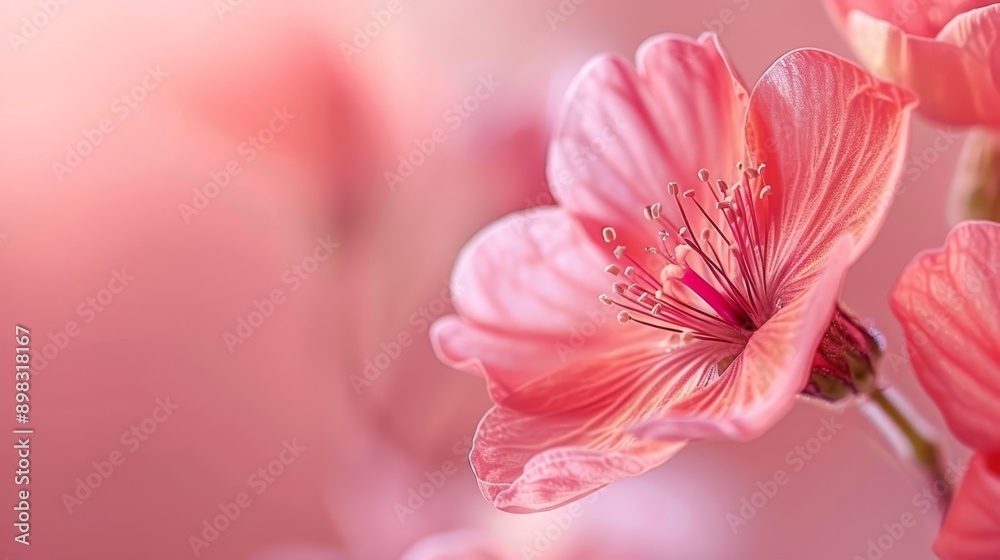 A pink flower, focused closely, atop a branch against a softly blurred backdrop of pink blossoms A pink flower, focused closely, atop a branch against a softly blurred backdrop of pink blossoms