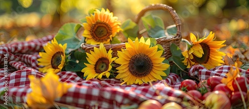 Colorful autumn picnic scene with sunflowers on a picnic blanket background showcasing a still life concept with room for additional image elements #898318134