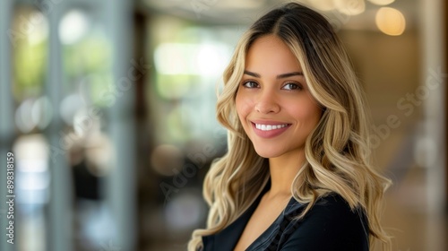 A smiling woman with long blonde hair wearing a black outfit in a modern office setting. The background is blurred, emphasizing her face. Concept of confidence and professionalism