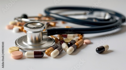 Stethoscope and Pills on a White Surface