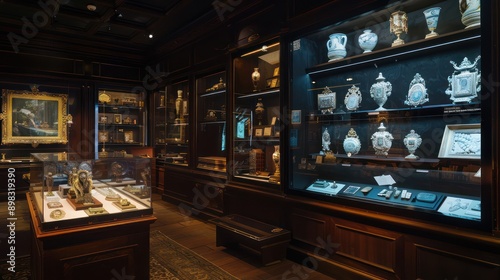 digital antique shop where virtual appraisals are conducted, with screens displaying detailed views of rare items