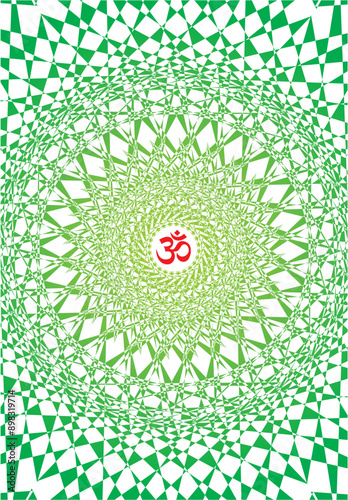 Openwork mandala in green with the sign aum, om, ohm. Vector graphics art. Esoteric pictures.