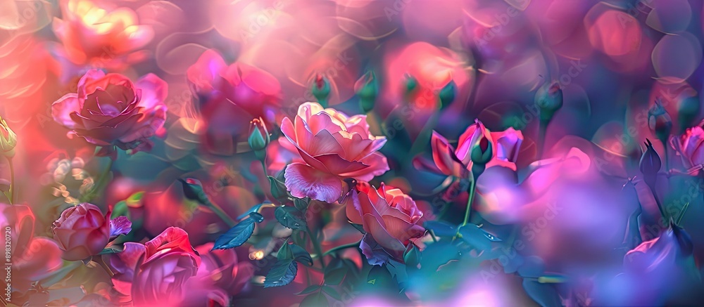 Artistically blurred Bush roses in vibrant hues with shallow focus Room for text. Creative banner. Copyspace image