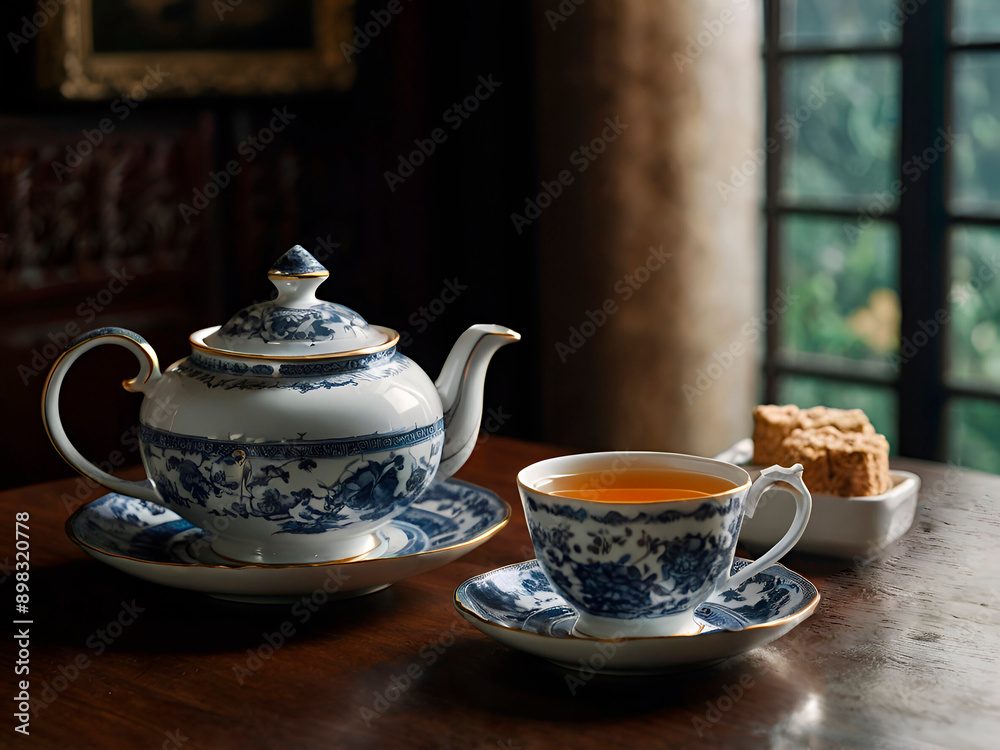 A scene where a luxurious tea blend, such as Earl Grey or Darjeeling, is served in an elegant teahouse. A scene where a luxurious tea blend, such as Earl Grey or Darjeeling, is served in an elegant teahouse.