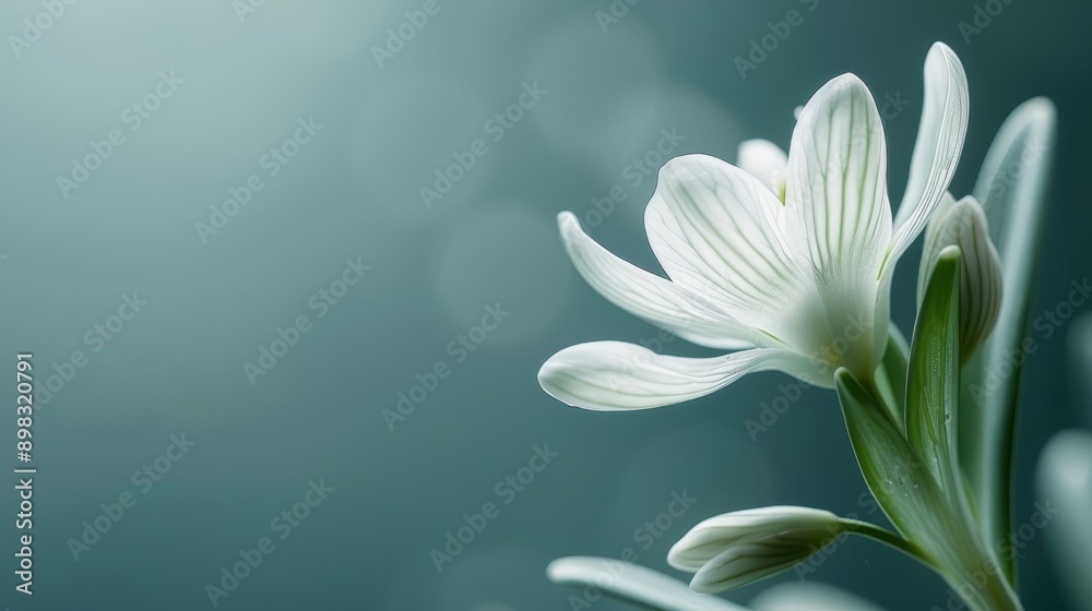 Fototapeta premium A white flower, focused closely, atop a green stem against a softly blurred backdrop of white blossoms