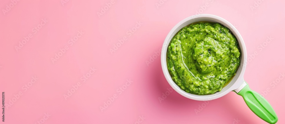 Create your own pureed baby food by blending broccoli using an immersion blender The top view of the pink background with a toy provides copy space for text Create your own pureed baby food by blending broccoli using an immersion blender The top view of the pink background with a toy provides copy space for text