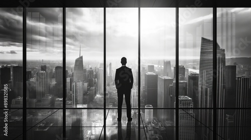 A silhouette of a businessman in a suit stands by large windows, overlooking a sprawling cityscape during sunset, symbolizing ambition, success, and the corporate world.