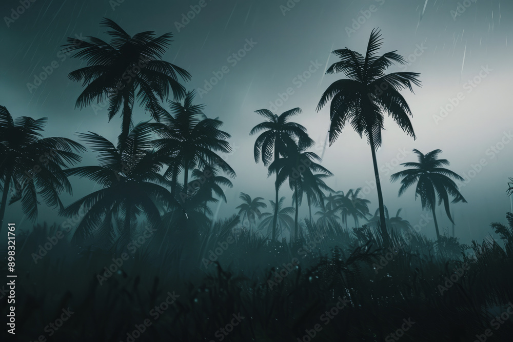 Powerful hurricane causing destruction on tropical with palm trees bending over and debris flying in the air Powerful hurricane causing destruction on tropical with palm trees bending over and debris flying in the air