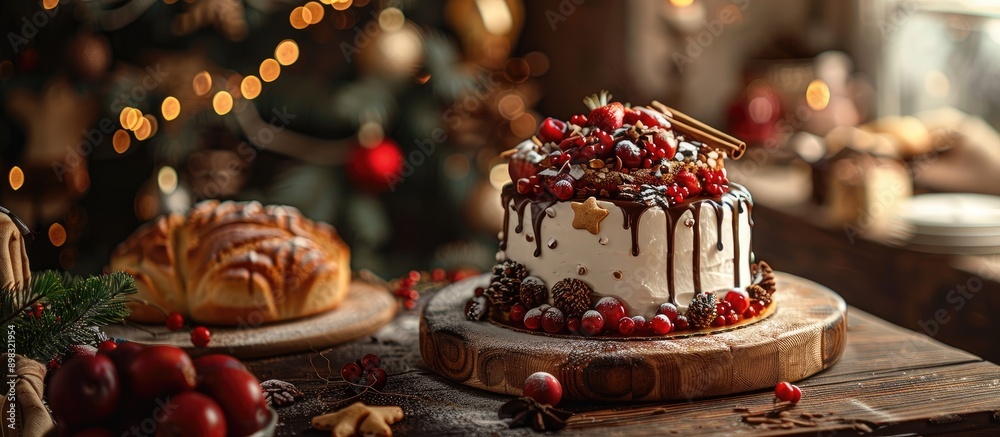 Christmas themed wooden table set with a fruit and chocolate chips cake accompanied by a homemade bread in the background offering space for additional images Christmas themed wooden table set with a fruit and chocolate chips cake accompanied by a homemade bread in the background offering space for additional images