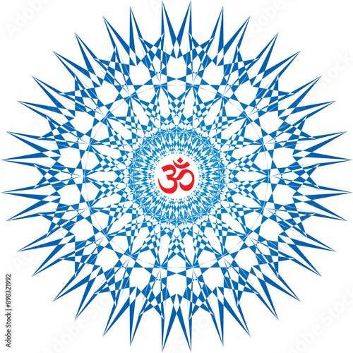 Openwork elegant mandala in blue tones on a white background. The sign aum, om, ohm in the center. Blue and light blue colors. Vector graphics.