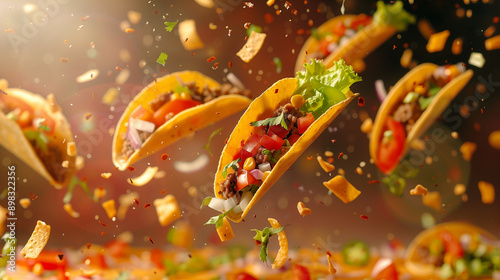 Colorful tacos with fresh ingredients levitating, captured mid-air. Vibrant tomatoes, lettuce, and cheese on a rustic wooden table with a sunlit background
