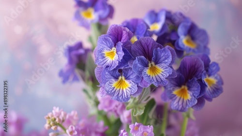  A vase, brimming with purple blooms, sits atop a coordinating tablecloth, a blend of purple and white hues Behind, a pink wall forms a ser
