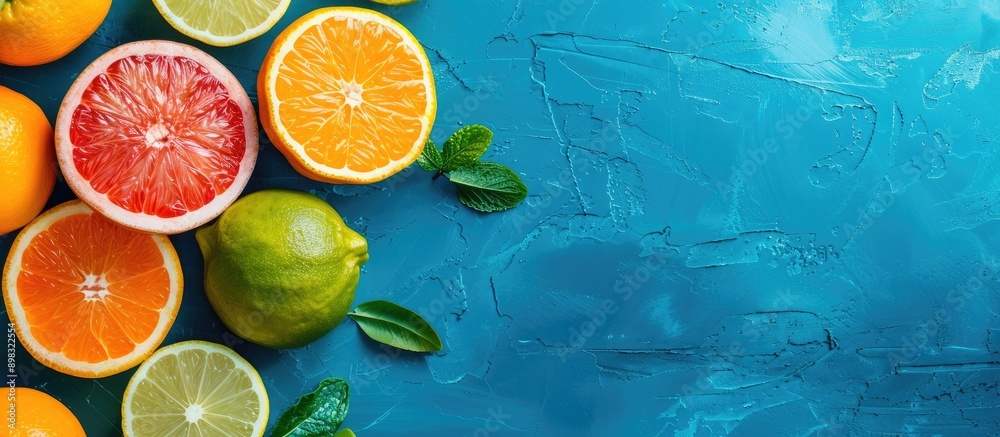 Citrus fruits arranged on a blue backdrop with space for text or other elements like an advertisement or promotion. Creative banner. Copyspace image Citrus fruits arranged on a blue backdrop with space for text or other elements like an advertisement or promotion. Creative banner. Copyspace image