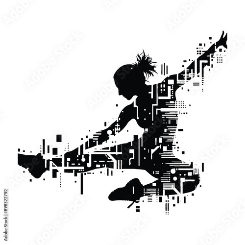 Parkour  female player in cyberpunk pattern illustration, emblem shield badge