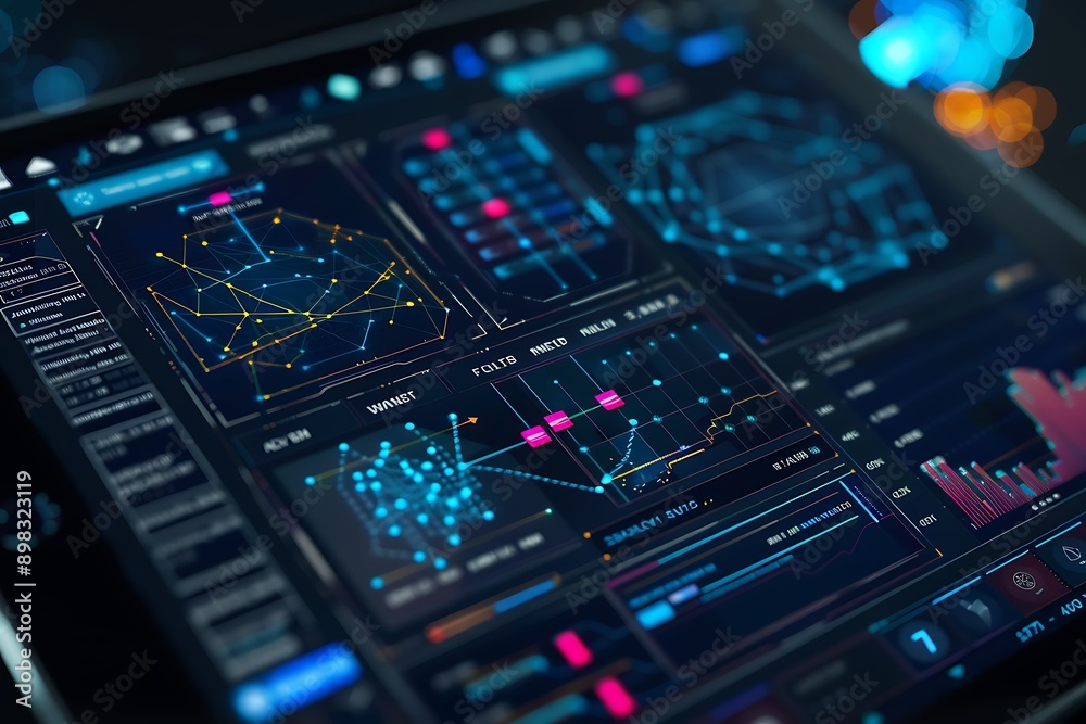 A close-up of a digital tablet displaying an AI-driven blockchain network with encrypted data streams and advanced analytics, set against a futuristic tech background. A close-up of a digital tablet displaying an AI-driven blockchain network with encrypted data streams and advanced analytics, set against a futuristic tech background.