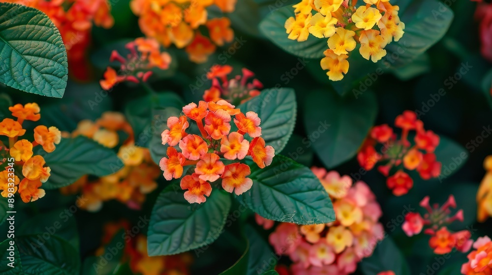 A tight shot of an arrangement of flowers, with verdant leaves framing them from above and below A tight shot of an arrangement of flowers, with verdant leaves framing them from above and below