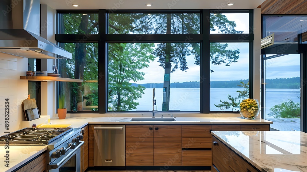 Fototapeta premium Contemporary kitchen with a unique lake-view window design 