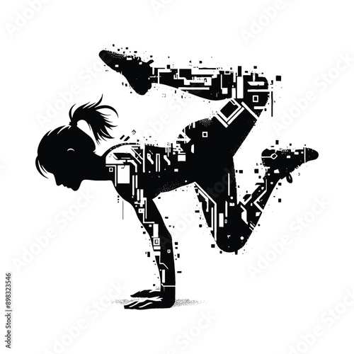 Parkour  female player in cyberpunk pattern illustration, emblem shield badge