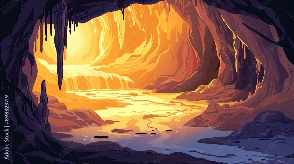Underground cave system with stalactites, stalagmites, and underground ...