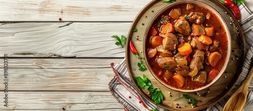 Top view of a bowl of delicious Ukrainian banosh on a light wooden table allowing for text in copy space image photo