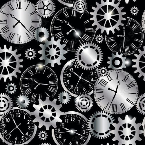 Silver metallic mechanical gears and clocks seamless pattern on black background
