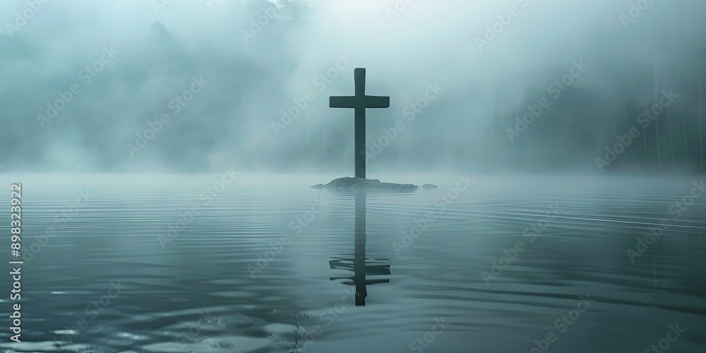 Solitary Cross Over Misty Water at Dawn Solitary Cross Over Misty Water at Dawn