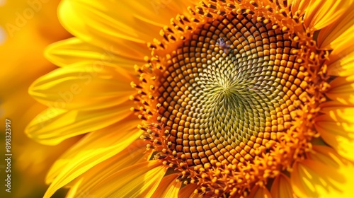 center of sun in bloom, blue sky backdrop