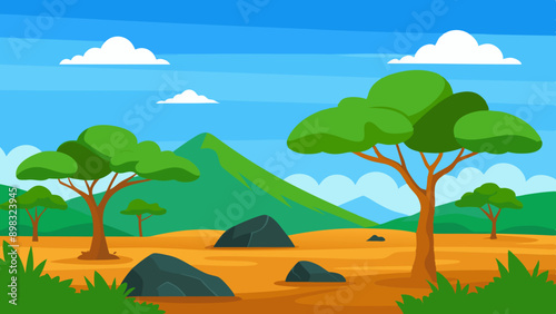 African savannah landscape with trees, rocks, and open grassland under a clear blue sky