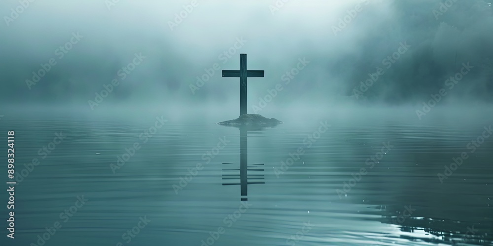 Solitary Cross Over Misty Water at Dawn Solitary Cross Over Misty Water at Dawn