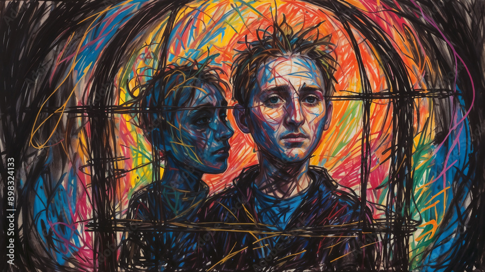 Fototapeta premium Two people trapped in a thorn cage in a dark, abstract painting, Trapped Emotions, A Confined Portrait of Loneliness, A Bold and Colorful Exploration of Human Connection and Isolation