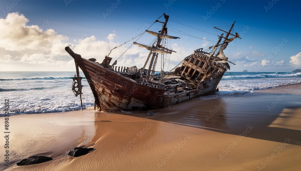 Pirate Ship wreck washed up on a beach Pirate Ship wreck washed up on a beach