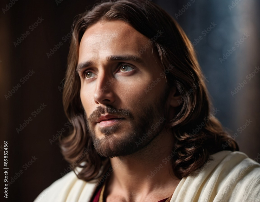 Portrait of a Man Dressed as Jesus. White robe. Long brown hair and beard. Man appears to be in his early 30s, and he has a serious expression on his face. Christian religion and faith. AI generated Portrait of a Man Dressed as Jesus. White robe. Long brown hair and beard. Man appears to be in his early 30s, and he has a serious expression on his face. Christian religion and faith. AI generated