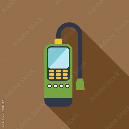 Gas detector device measuring methane level with sensor probe, flat style icon