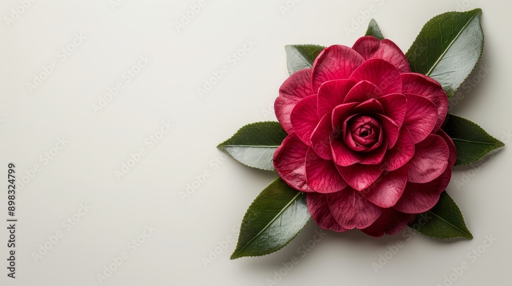  A large red flower, its green leaves contrasting against a white background, features an additional green leaf atop