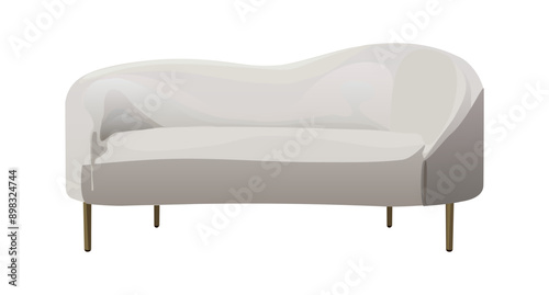 Stylish comfortable white sofa vector realistic illustration. Modern fabric couch isolated on transparent background. Colorful elegant furniture element for interior design, house, apartment plan.