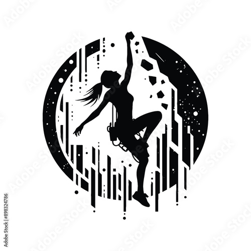 mountain Climbing,  rock climbing  female player in cyberpunk pattern illustration, emblem shield badge