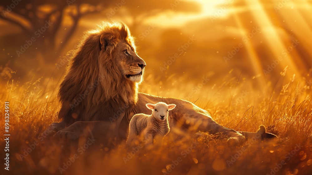 Naklejka premium A lion and a lamb sitting together in a serene and warm environment, symbolizing the lion of judah and lost lamd in a peace and harmony