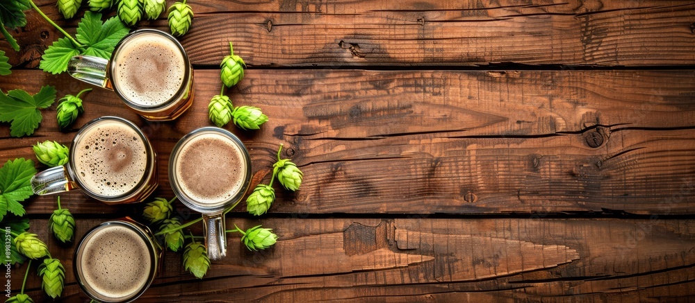 Top view of beer mugs with hop cones on a wooden tabletop with copy space image Top view of beer mugs with hop cones on a wooden tabletop with copy space image