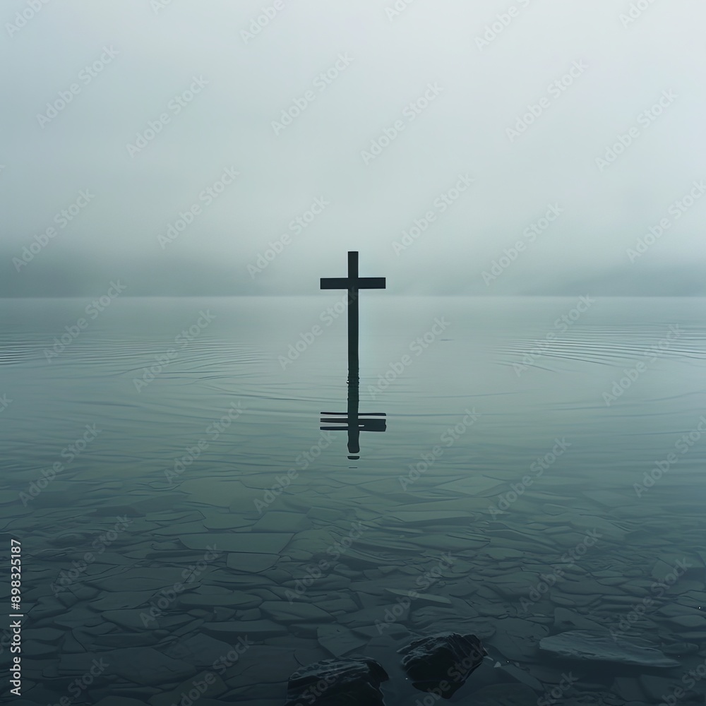 Solitary Cross Over Misty Water at Dawn Solitary Cross Over Misty Water at Dawn