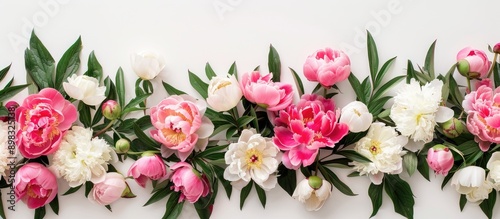 Top down view of a floral border composed of pink and white peonies and foliage on a white backdrop ideal for incorporating text or other elements. Creative banner. Copyspace image