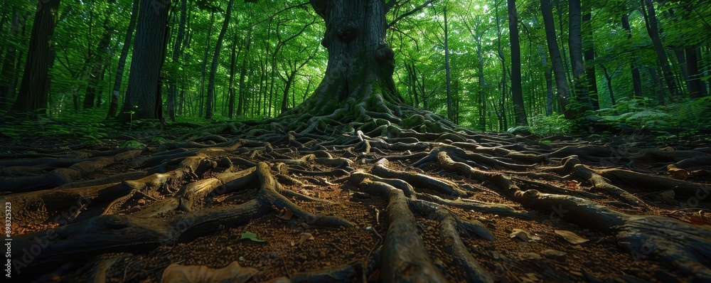 Fototapeta premium Intricate Tree Roots in a Lush Green Forest Nature Photography