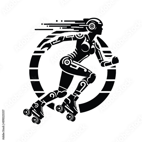 Inline Skating, roller skate   female player in cyberpunk pattern illustration, emblem shield badge