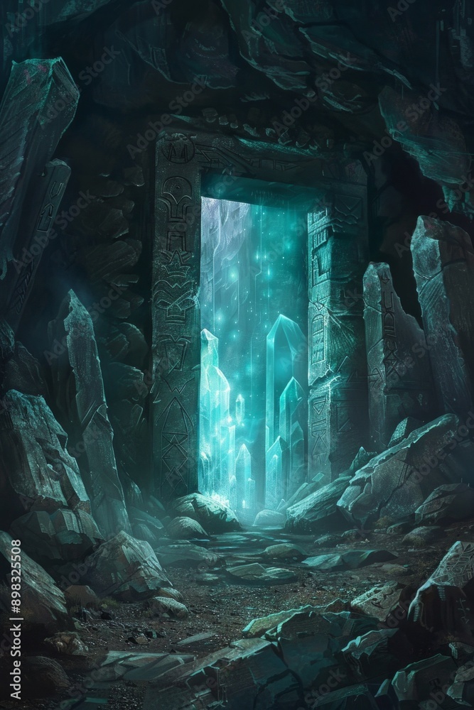 Mystic Cave Entrance. A frame of rugged rocks, illuminated by glowing crystals. The center is a dark cave opening, with a hint of light at the far end.