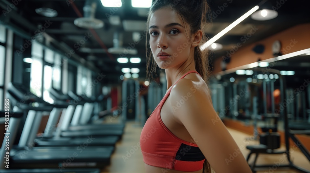 A beautiful woman in workout attire stands confidently in the gym. A beautiful woman in workout attire stands confidently in the gym.