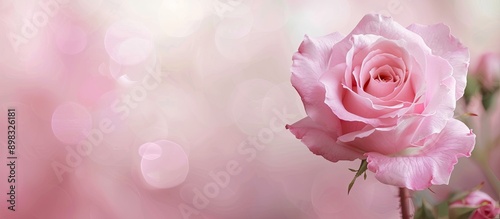 A delicate light pink rose against a matching backdrop creating a horizontal banner suitable for the holiday or a Mother s Day postcard with ample copy space image