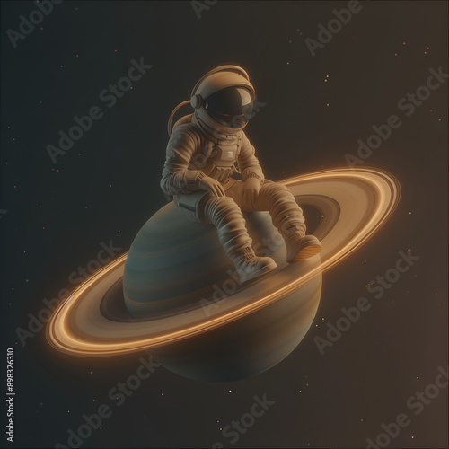 A spaceman or astronaut sitting on Saturn planet photo